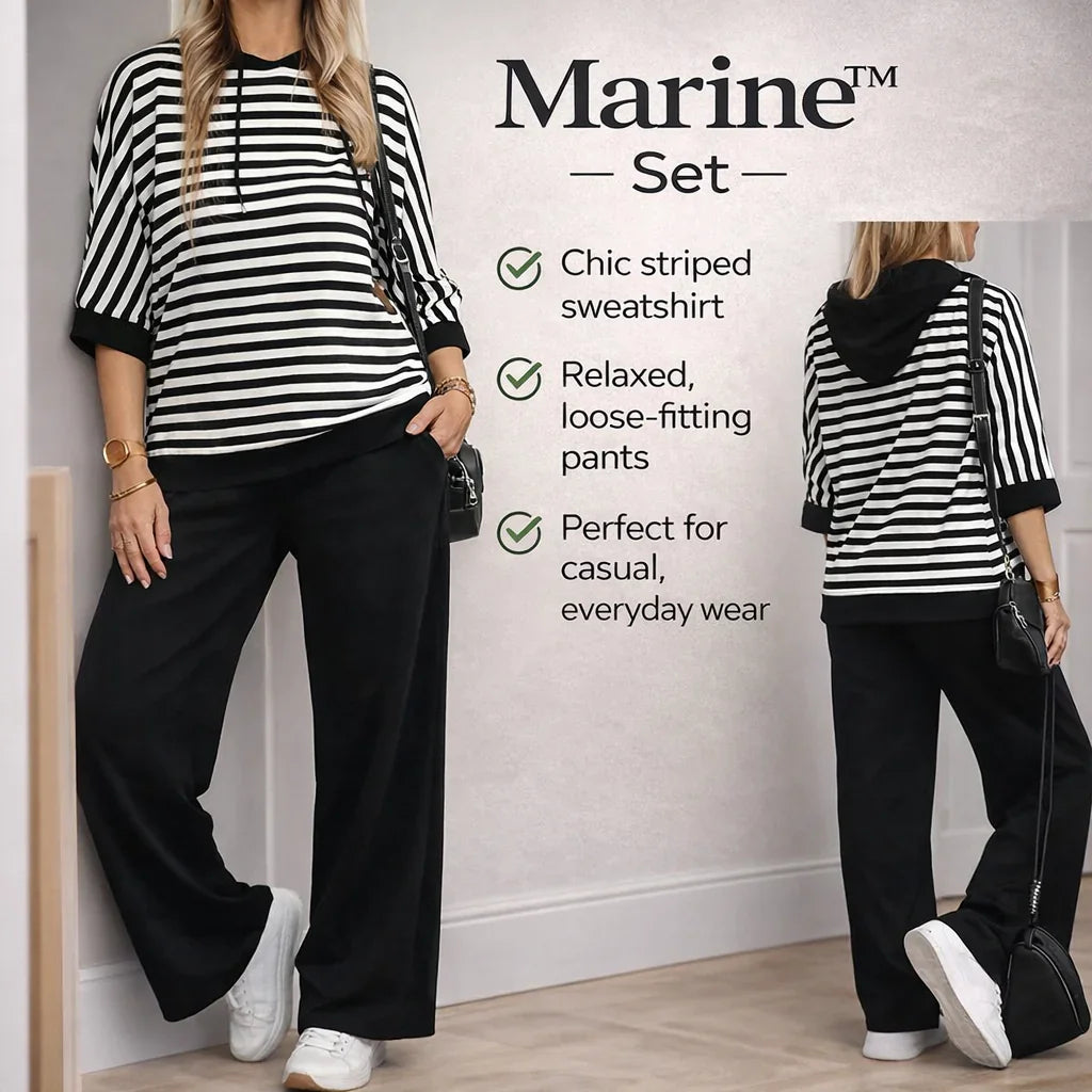 Marine™ Set with Striped Sweatshirt and Loose Sweatpants with a Silky Feel / The Look that Combines Elegance, Comfort, and Urban Style!