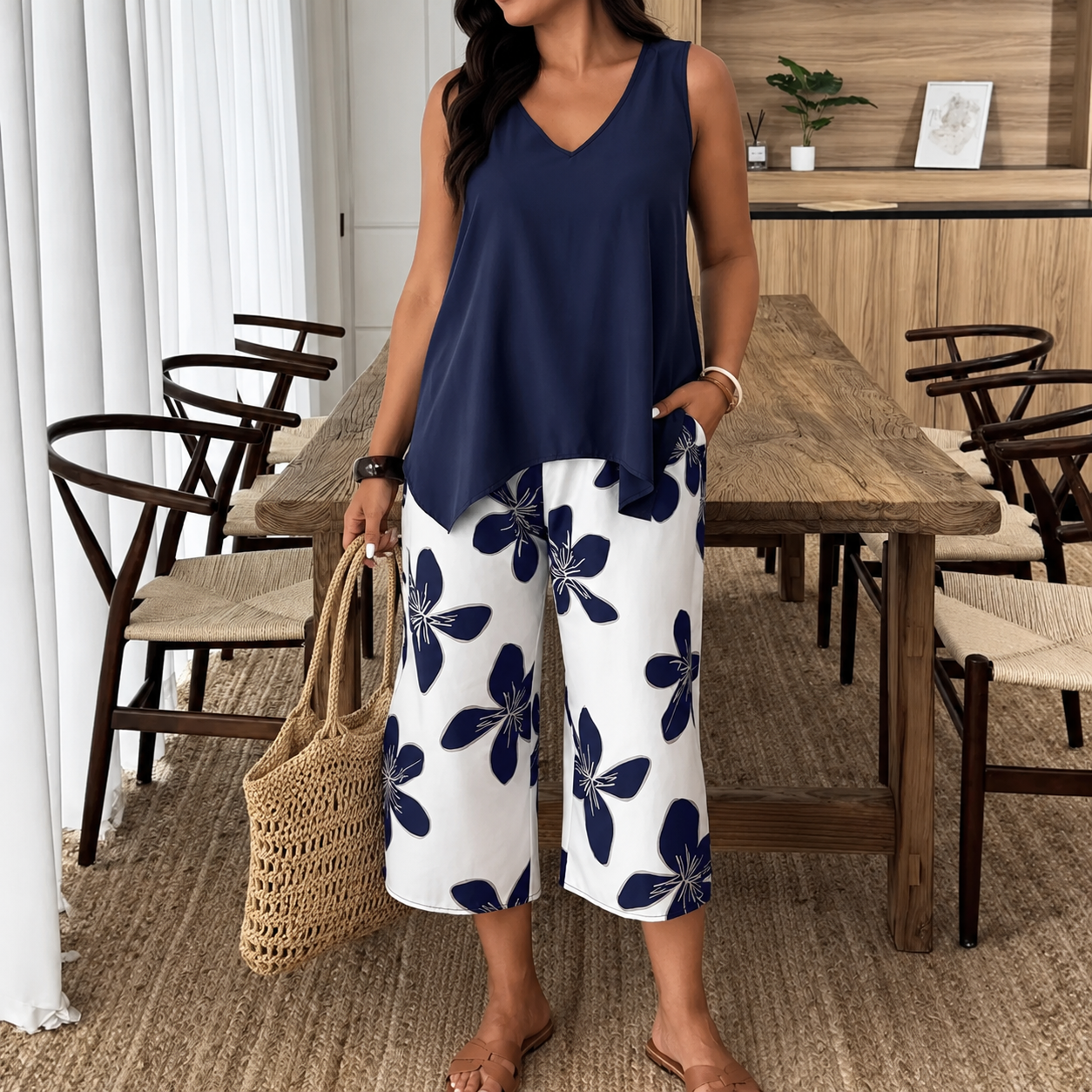 Nerina™ Asymmetric Sleeveless Top Set With Floral Cropped Wide-Leg Pants