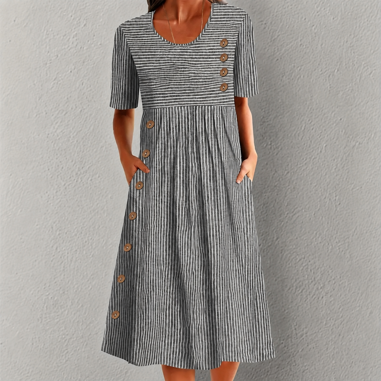 Elvanna™ Striped Dress with Decorative Button Details