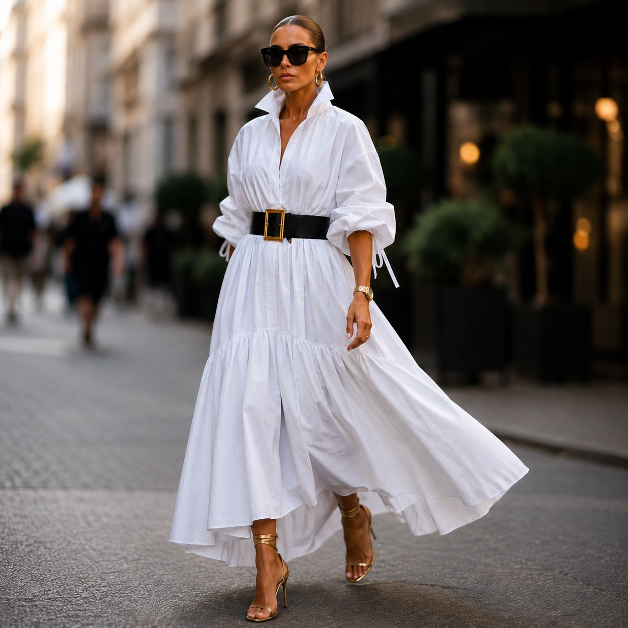 Midi Elowen™ Dress with Collared Neckline, Wide Sleeves and Flowy Silhouette