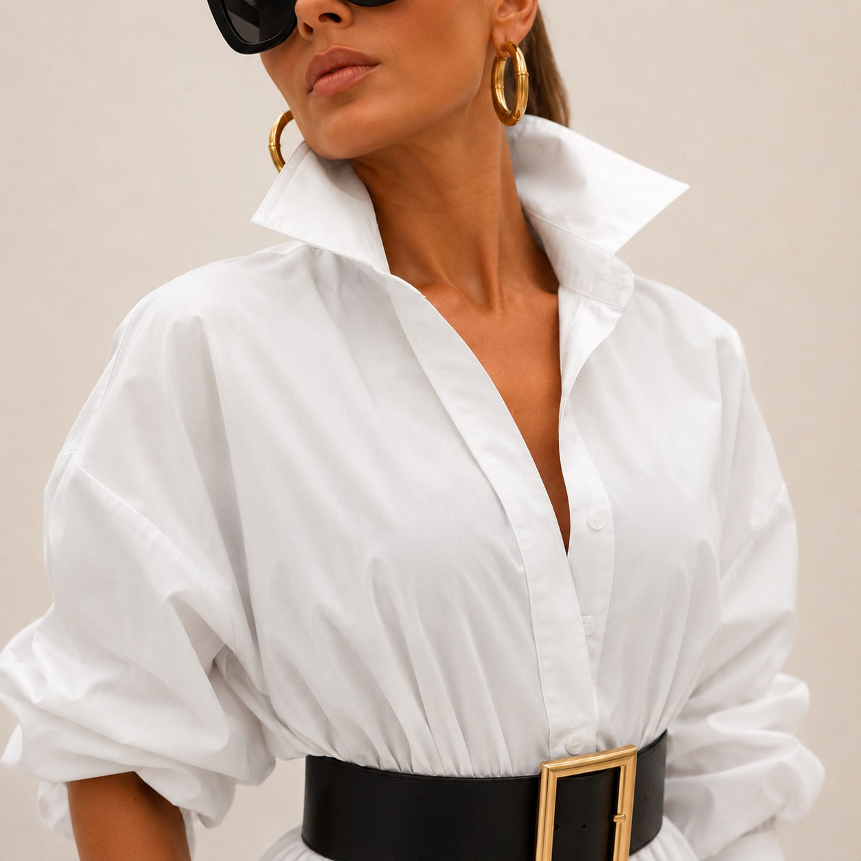 Midi Elowen™ Dress with Collared Neckline, Wide Sleeves and Flowy Silhouette
