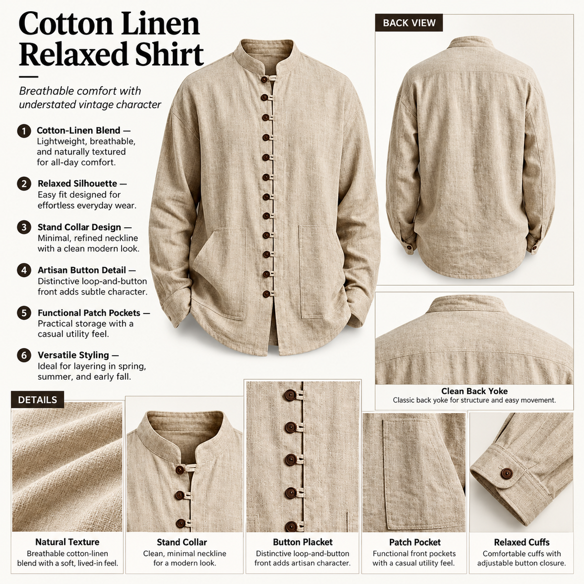 Bastien™ Cotton-Linen Shirt with Front Buttons and Toggle Details
