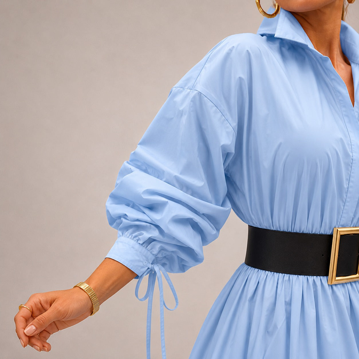 Midi Elowen™ Dress with Collared Neckline, Wide Sleeves and Flowy Silhouette