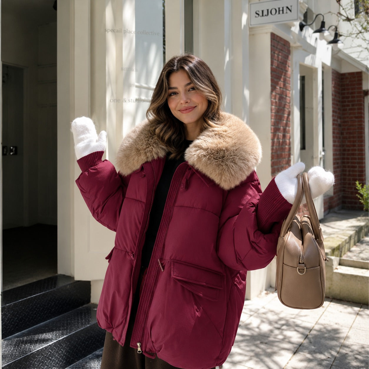 Dorenne™ Puffer Jacket with Plush Collar and Ribbed Cuffs