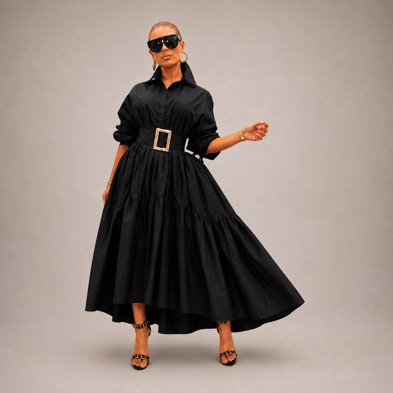 Midi Elowen™ Dress with Collared Neckline, Wide Sleeves and Flowy Silhouette