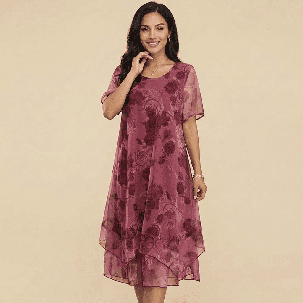 Nice™ Floral Dress in Premium Chiffon with Double Layering and Asymmetrical Hem
