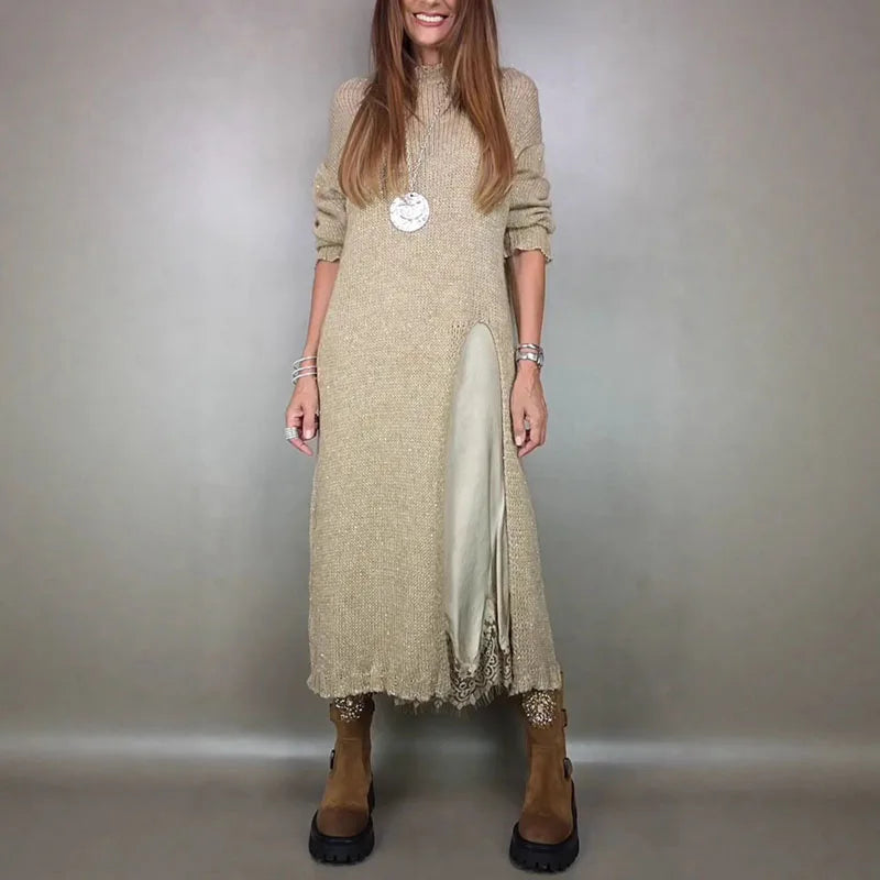 Valérie™ Set with Charming Satin Dress and Long Handcrafted Knit Sweater / Timeless Sophistication in Every Detail!