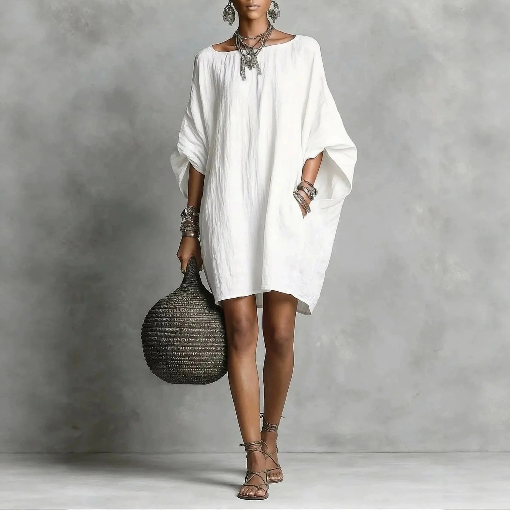 Lydia™ Cotton-Linen Dress with a Relaxed Fit and Round Neckline