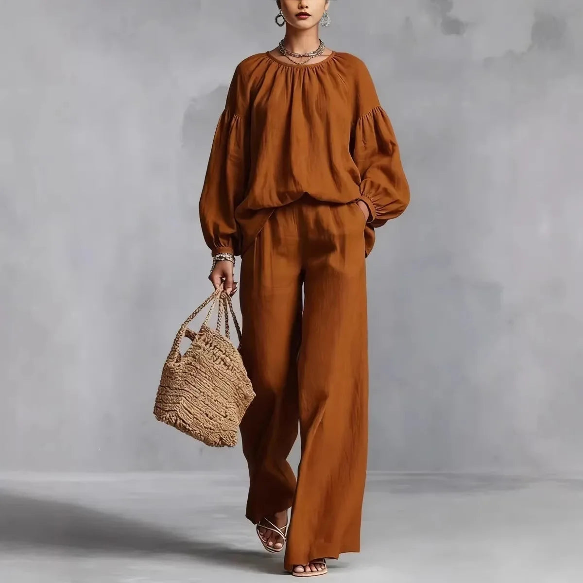 Valdora™ Two-Piece Set with Puff Sleeve Blouse and Wide-Leg Pants