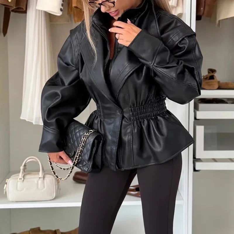 Empire Line™ Jacket in Premium Synthetic Leather with Defined Waist and Central Button / Power and Elegance in Every Move!