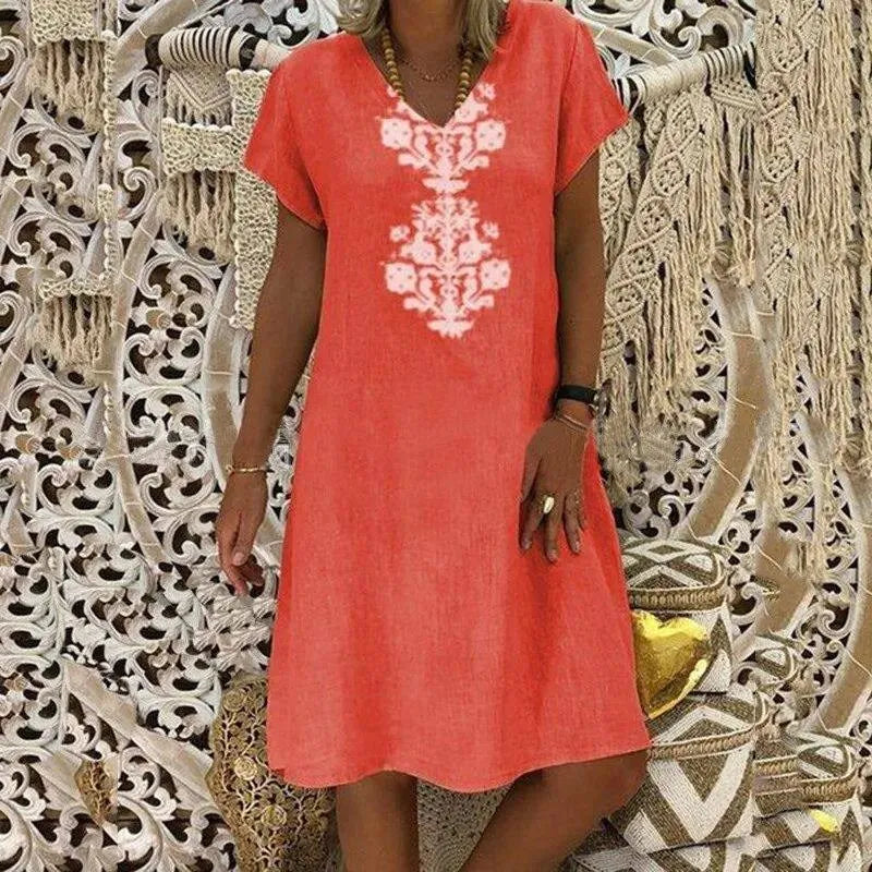 Zarelle™ Cotton Midi Dress with Ornamental Print and Relaxed Fit / Refreshing Sophistication That Flatters Your Figure in Style