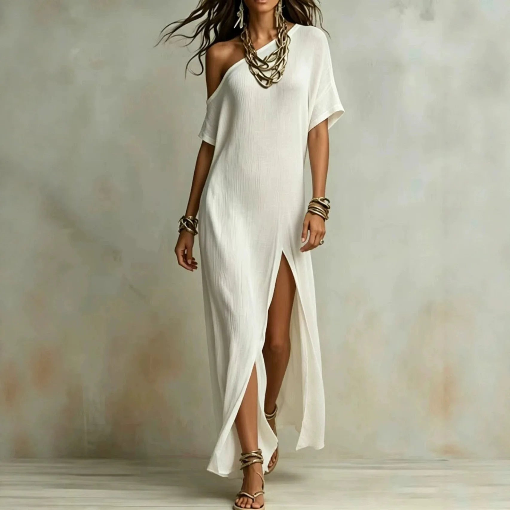 Velmara™ Dress with Asymmetrical Neckline and Elegant Front Slit