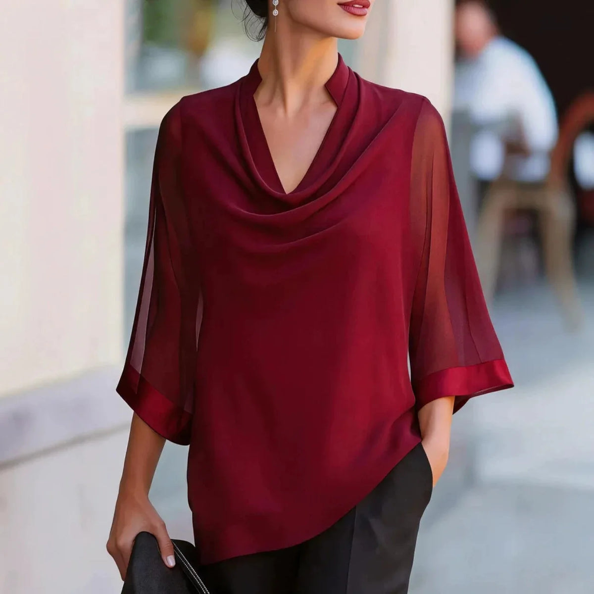Blouse Belgrave™ with Draped Cowl Neck, Sheer Sleeves and Relaxed Fit