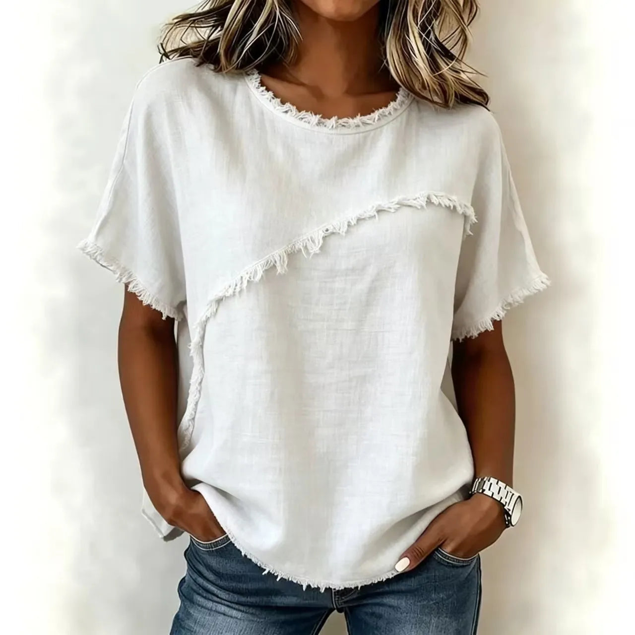 Verena™ Blouse with Asymmetrical Paneling and Frayed Trim