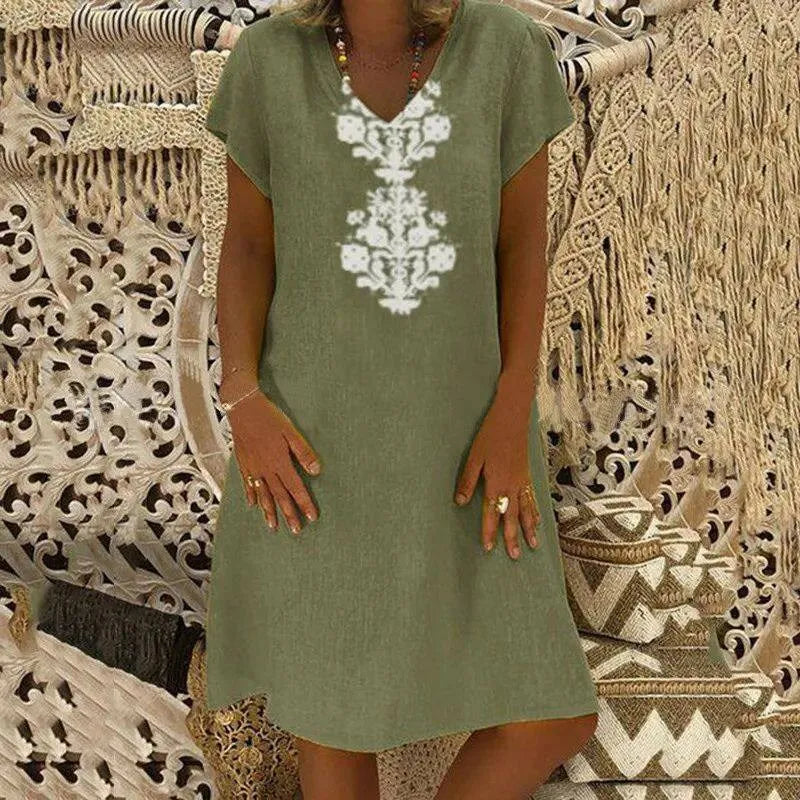Zarelle™ Midi Dress with Ornamental Arabesque Design, V-Neck and Relaxed Fit