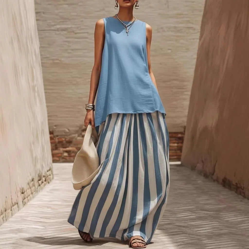 Mirenza™ Maxi Dress with Solid Color Top and Long Striped Skirt