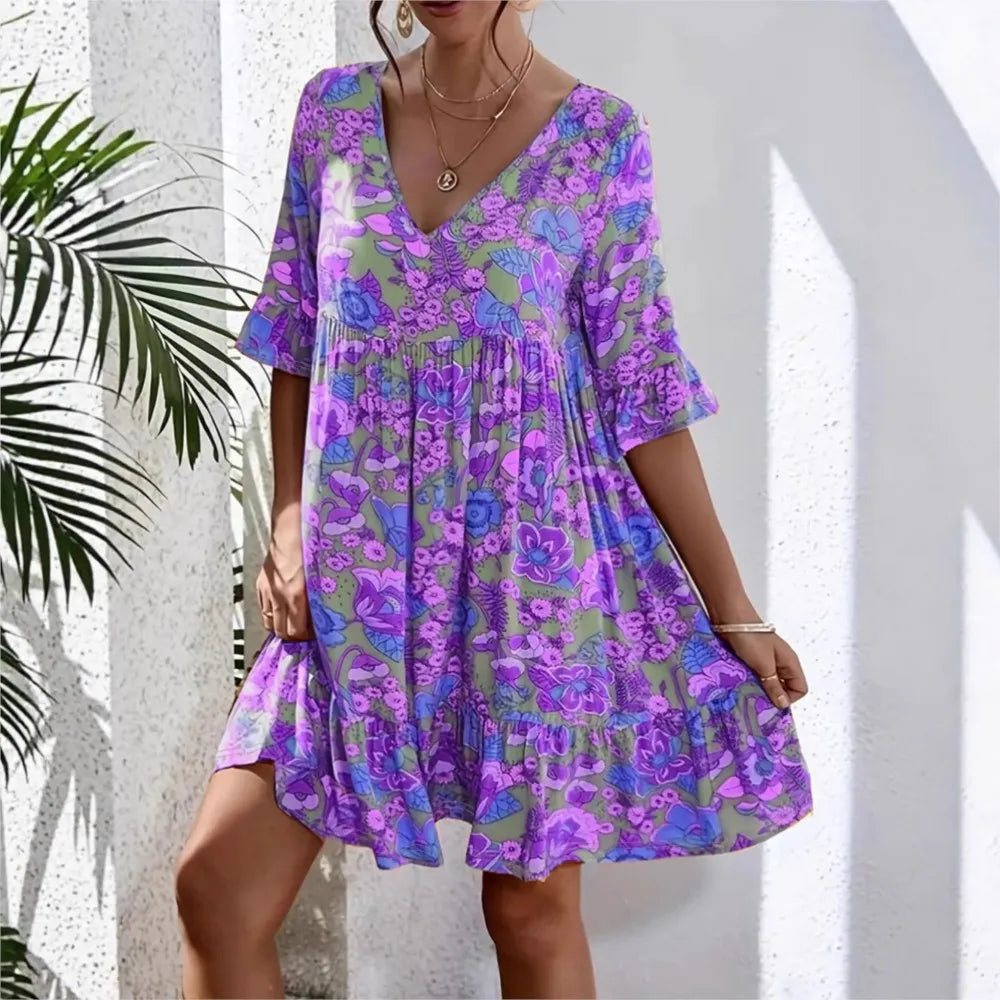 Amarise™ Floral Dress with 3/4 Sleeves and Gathered Underbust Seam