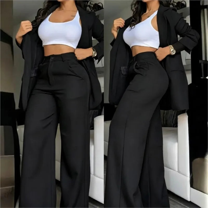 Marcelle™ Women's Blazer and Wide-Leg Pants Set with High-Waisted Design