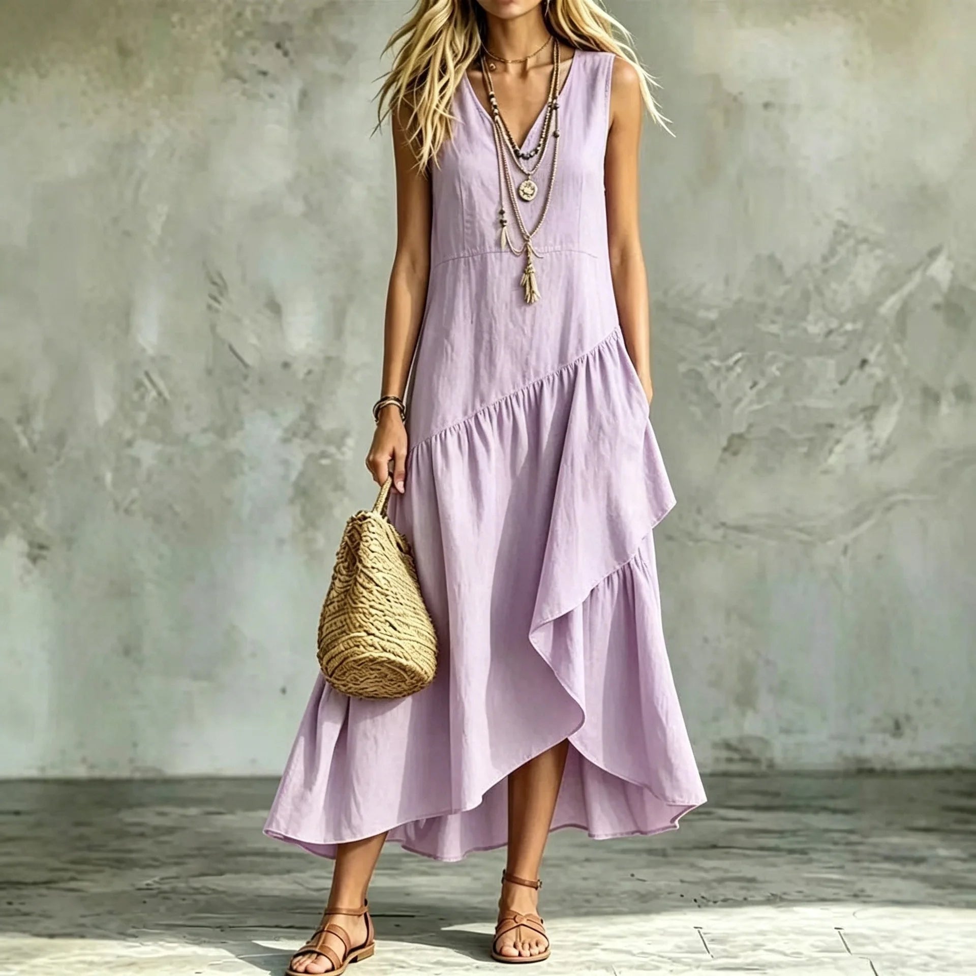 Liorah™ V-Neck Dress with a Flowing Layered Asymmetrical Skirt
