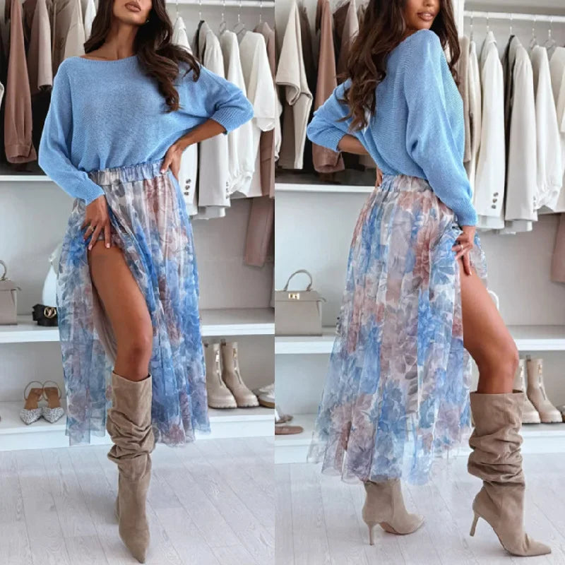 Sky of Lis Set™ with Blue Knit and Flowing Floral Skirt / The Expression of Femininity with Soft Elegance!