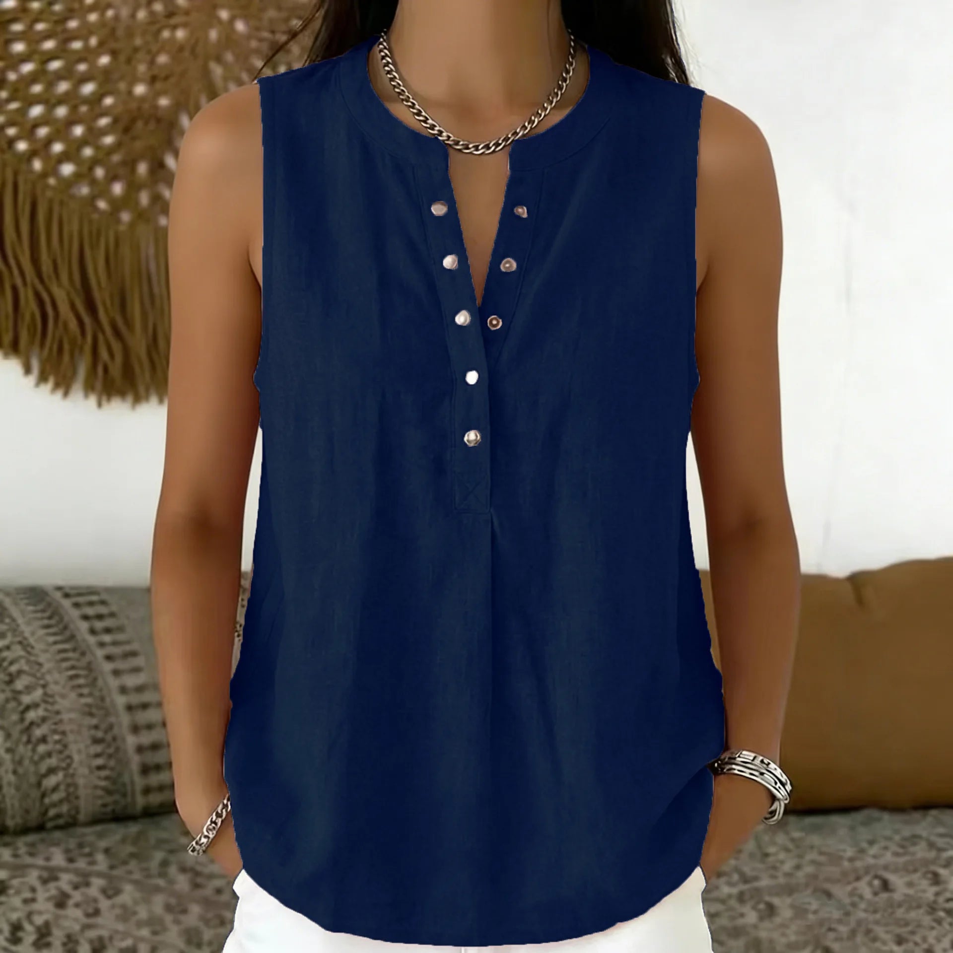 Blouse Emily™ with Round Neckline, Button-Front Detail and Sleeveless Cut