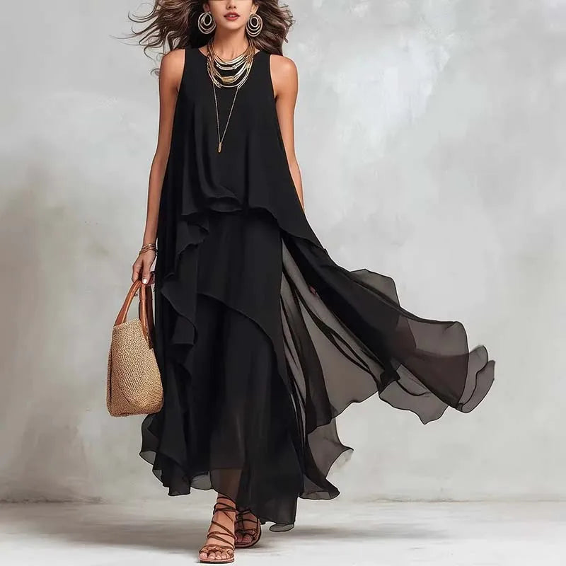 Dress Rachel™ with Asymmetrical Layering and Maxi Length