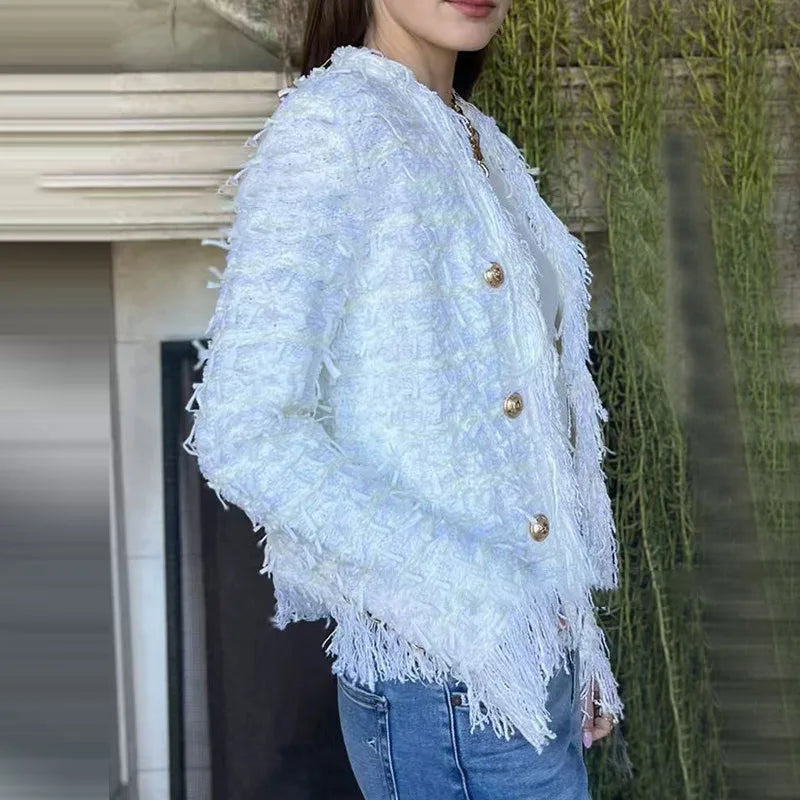 Bellemont™ Jacket in Premium Bouclé with Delicate Fringes and Metallic Buttons / Where Classic Meets Contemporary!