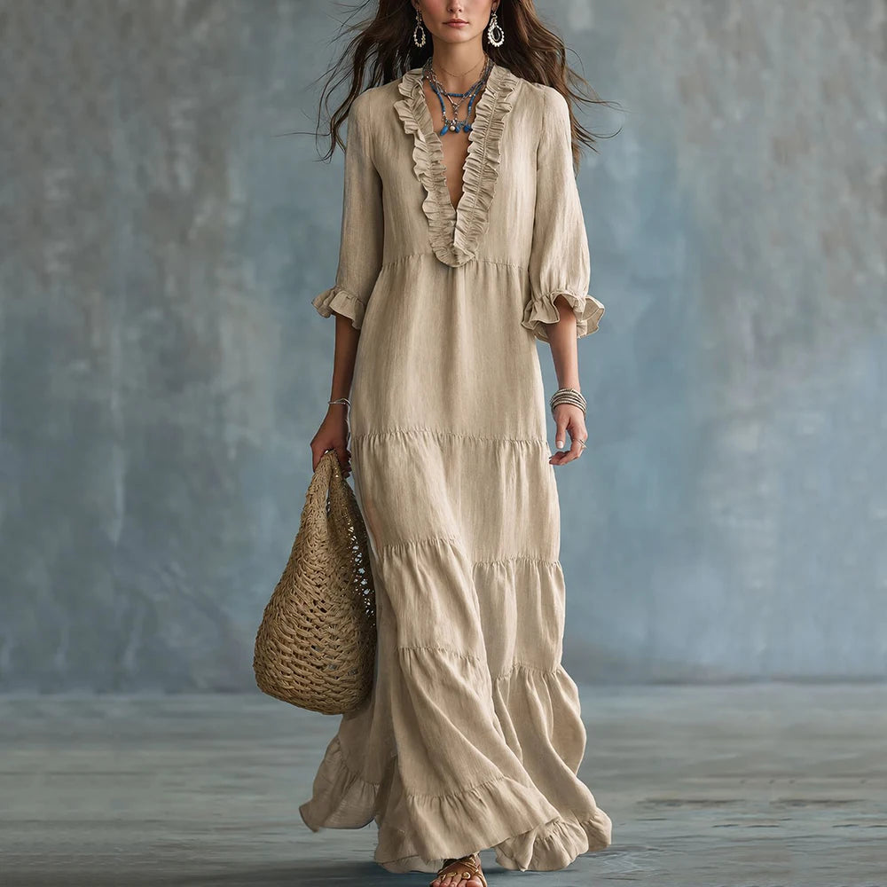 Elviane™ Long Dress with Ruffled V-Neck, Tiered Skirt and 3/4 Sleeves
