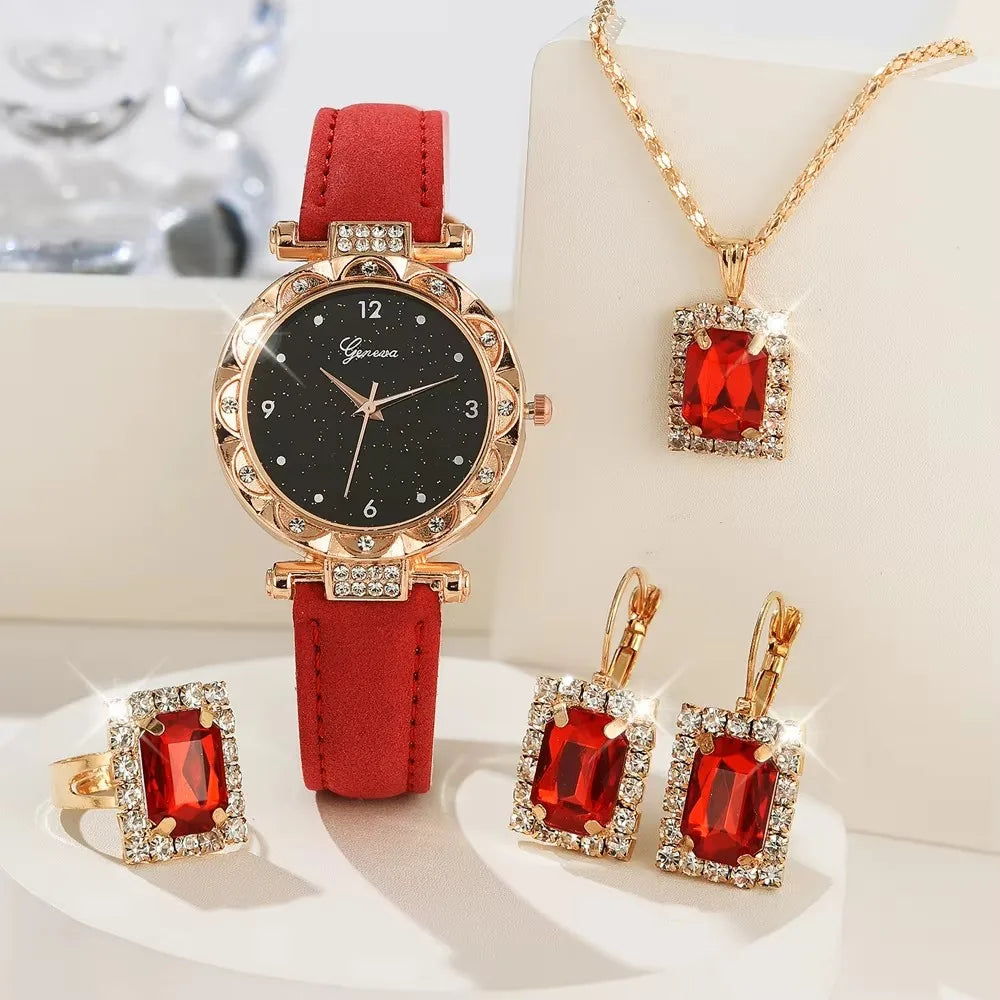 [🔥Buy 1, Get 2 FREE – Last Day of the Promotion ]  4-Piece Golden Watch Set with Matching Necklace, Earrings, Ring & Bracelet / Complete Your Look with Effortless Elegance