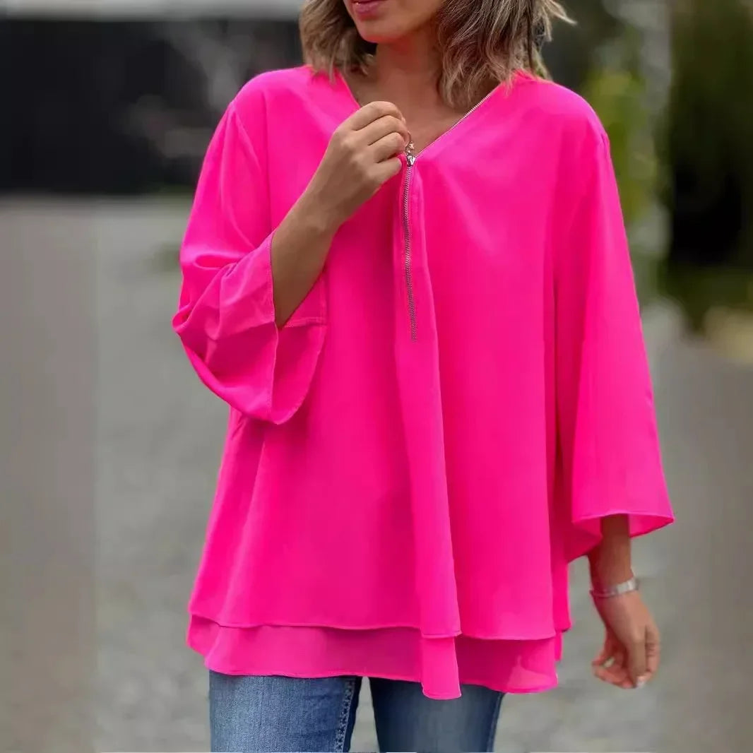 Seraphina™ Blouse in Flowing Fabric with Adjustable V-Neck and Double-Layer Hem / Lightweight, Cool, and Incredibly Versatile!