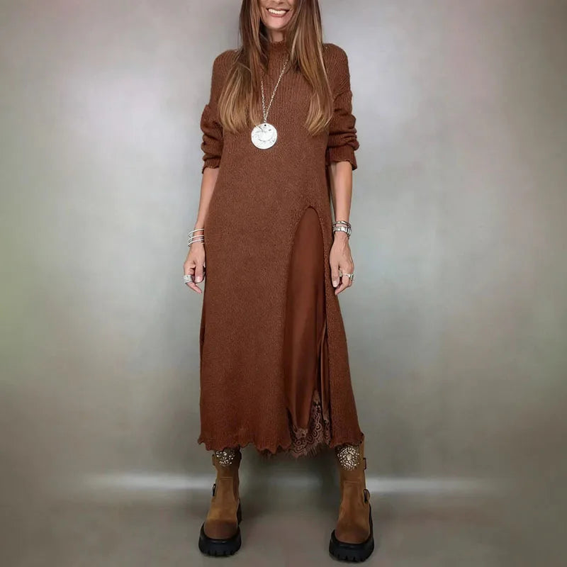 Valérie™ Set with Charming Satin Dress and Long Handcrafted Knit Sweater / Timeless Sophistication in Every Detail!