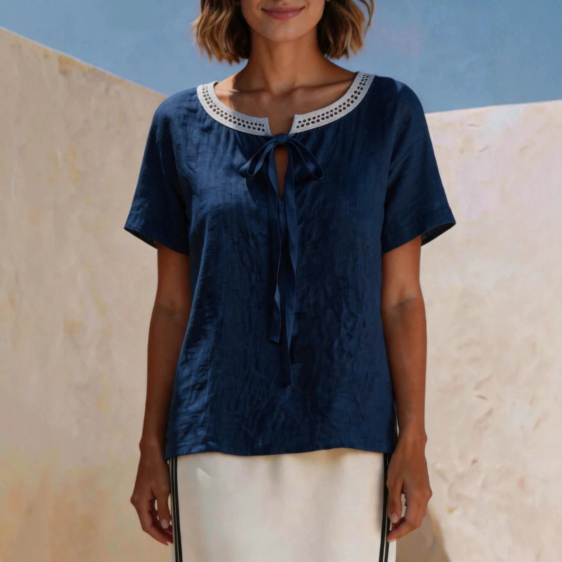 Valisse™ Blouse with Tie-Front Detail and Openwork Neckline Trim