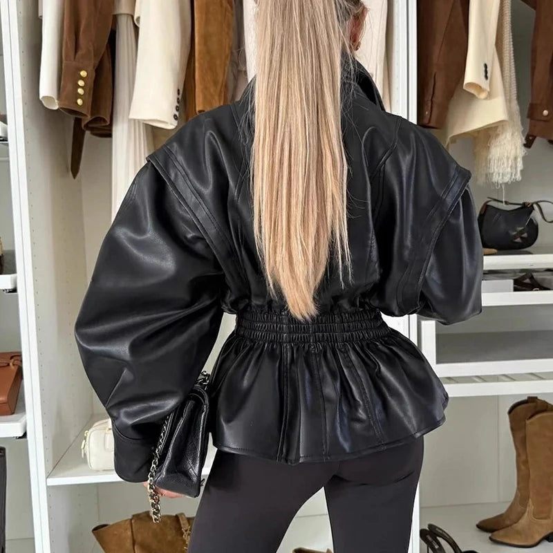 Empire Line™ Jacket in Premium Synthetic Leather with Defined Waist and Central Button / Power and Elegance in Every Move!