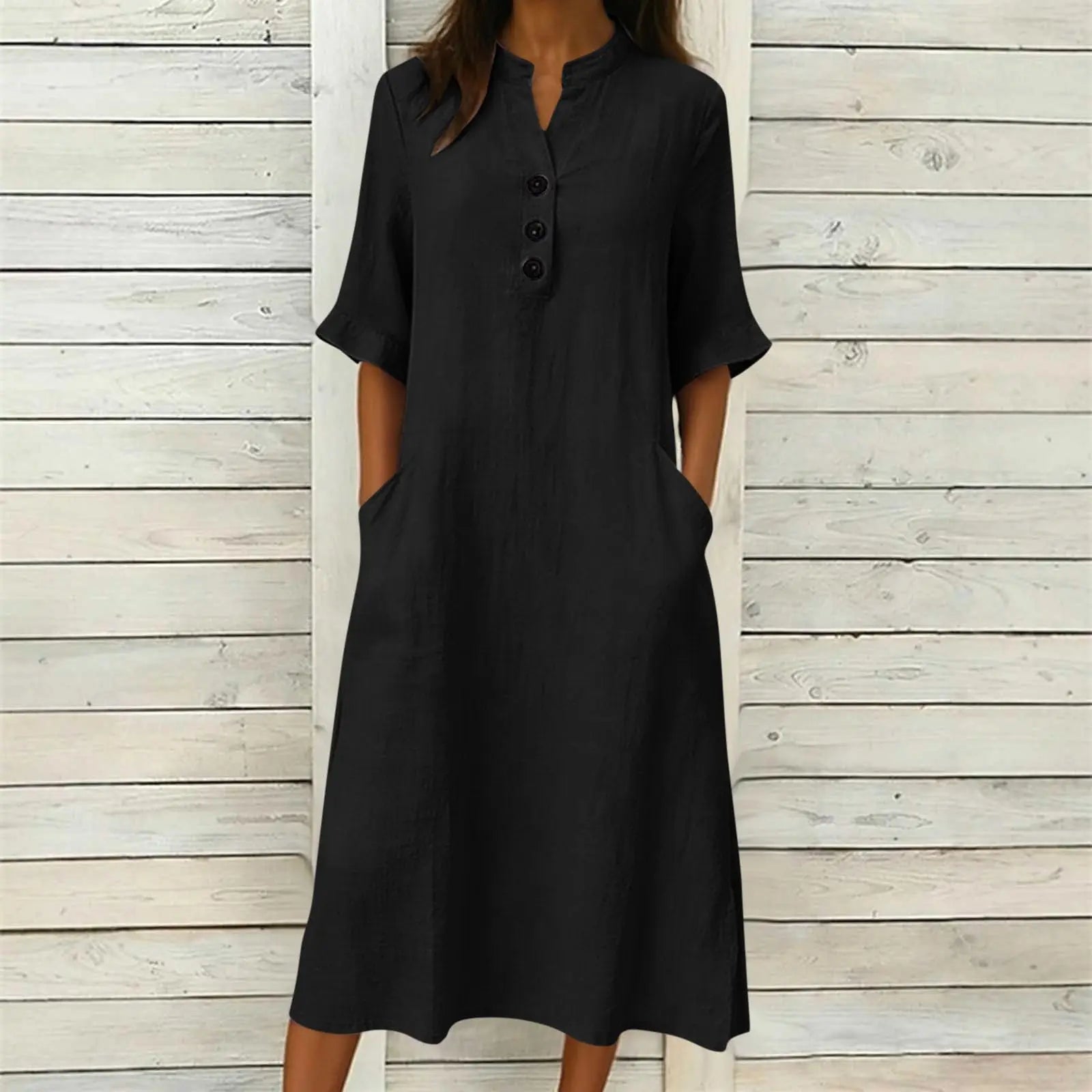Dress Julia™ in Cotton with Stand Collar, Button Front and Pockets