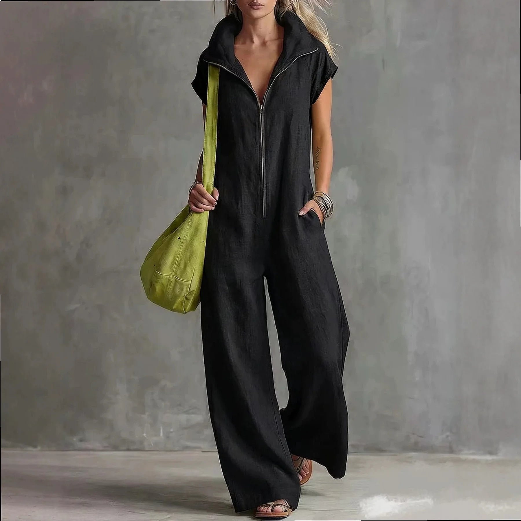 Orlina™ Cotton-Linen Jumpsuit with Front Zipper and High Collar