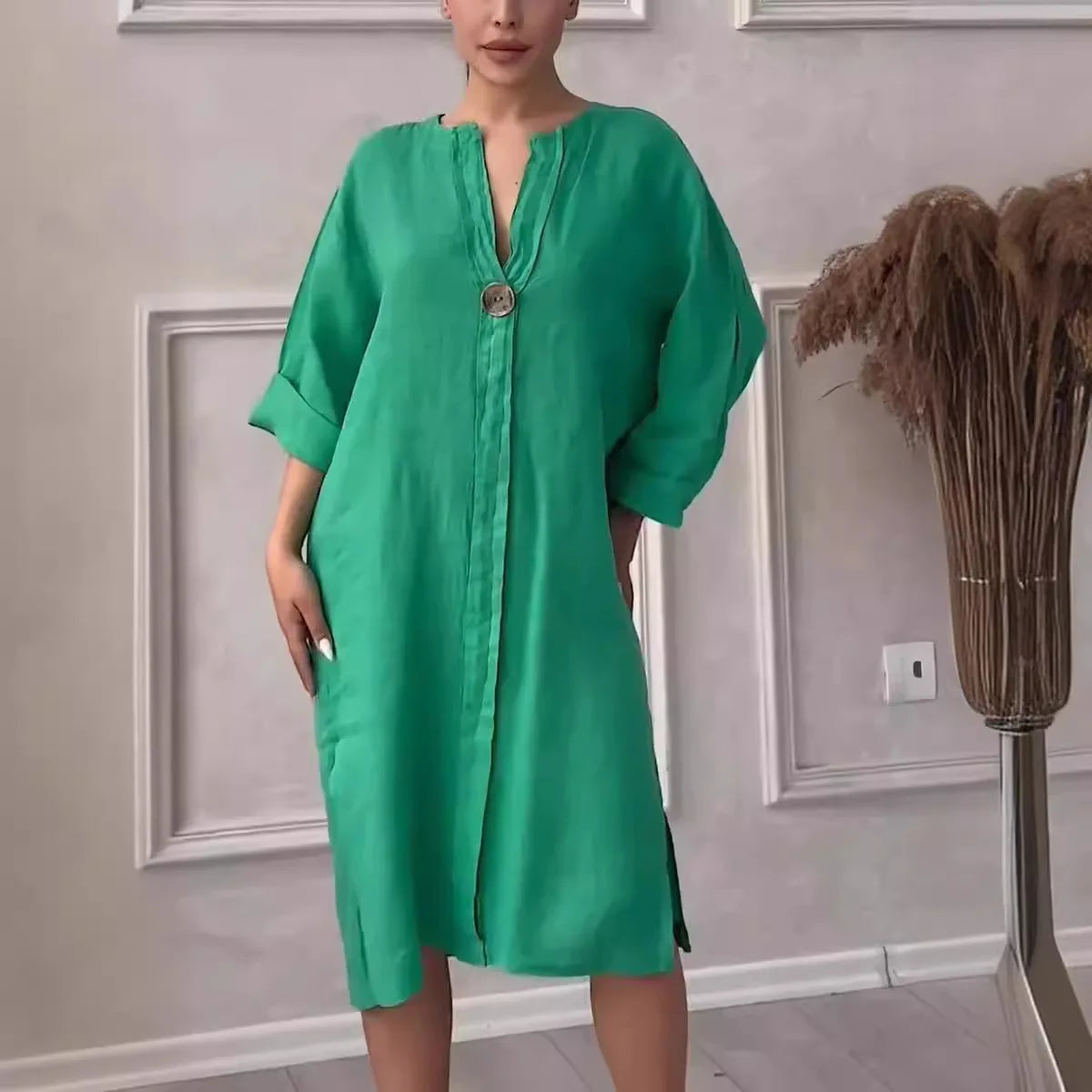 Toronto™ Dress in Cotton Linen with Loose Fit / Tropical Elegance with a Touch of Modern Sophistication!
