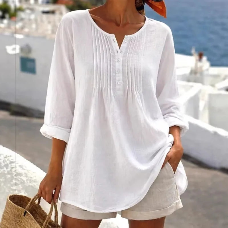 Nerea™ Blouse with Front Pleats, Buttoned Neckline and Relaxed Fit