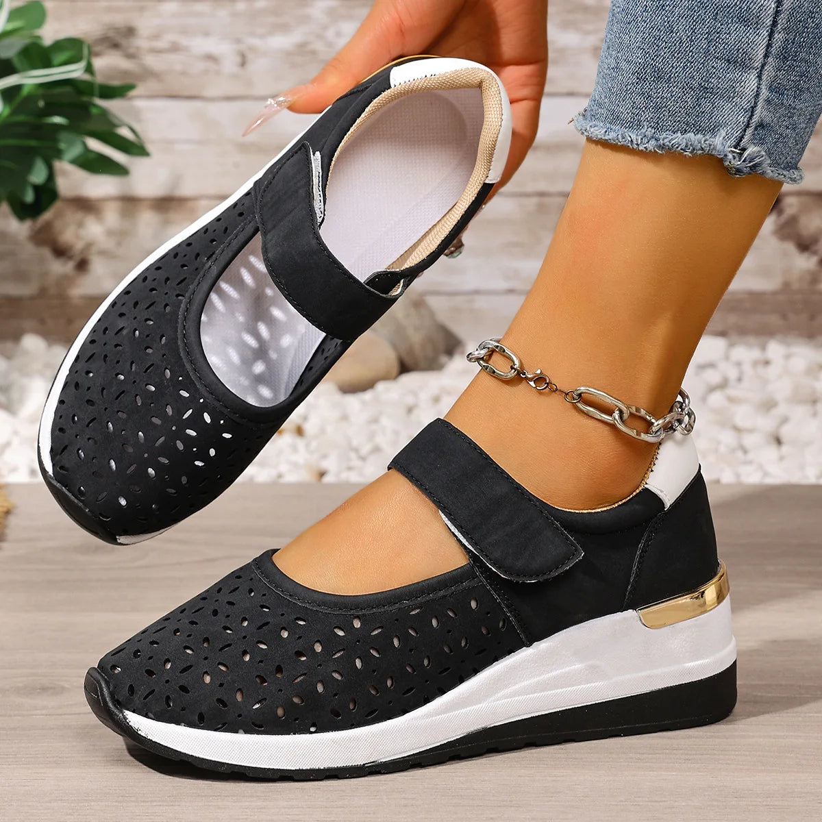 Calina™ Sneakers with Perforated Upper, Adjustable Velcro Strap and Elevated Sole
