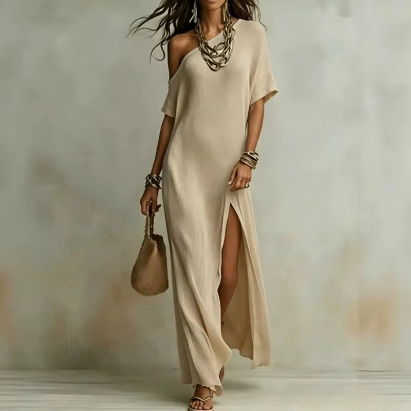 Velmara™ Dress with Asymmetrical Neckline and Elegant Front Slit