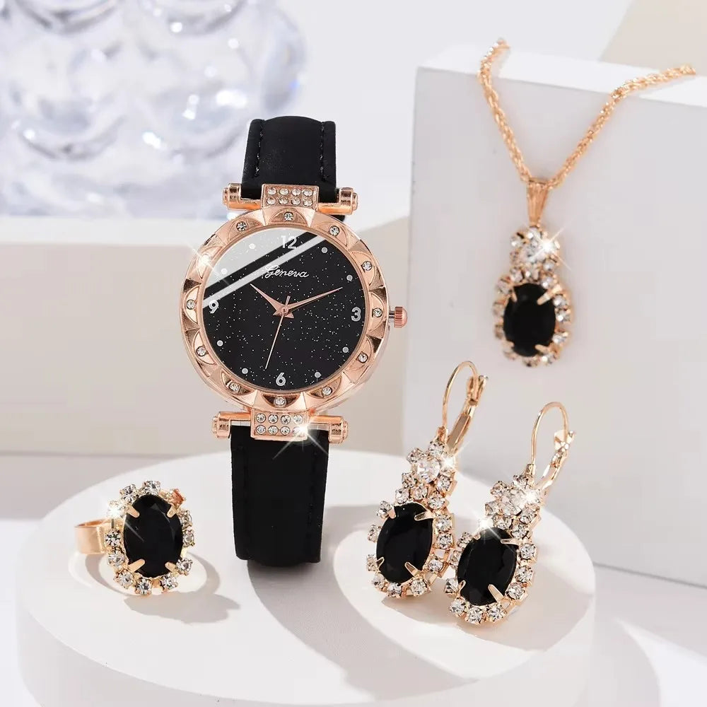 [🔥Buy 1, Get 2 FREE – Last Day of the Promotion ]  4-Piece Golden Watch Set with Matching Necklace, Earrings, Ring & Bracelet / Complete Your Look with Effortless Elegance