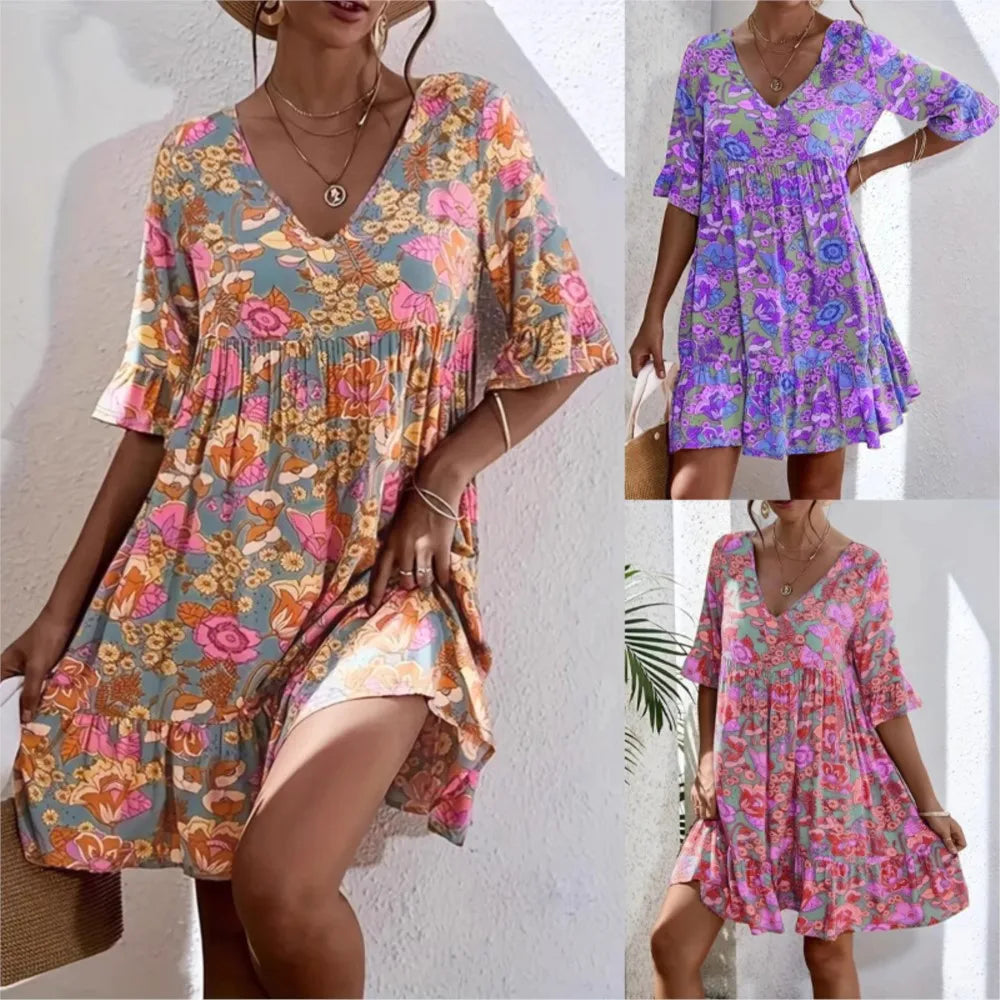 Amarise™ Floral Dress with 3/4 Sleeves and Gathered Underbust Seam