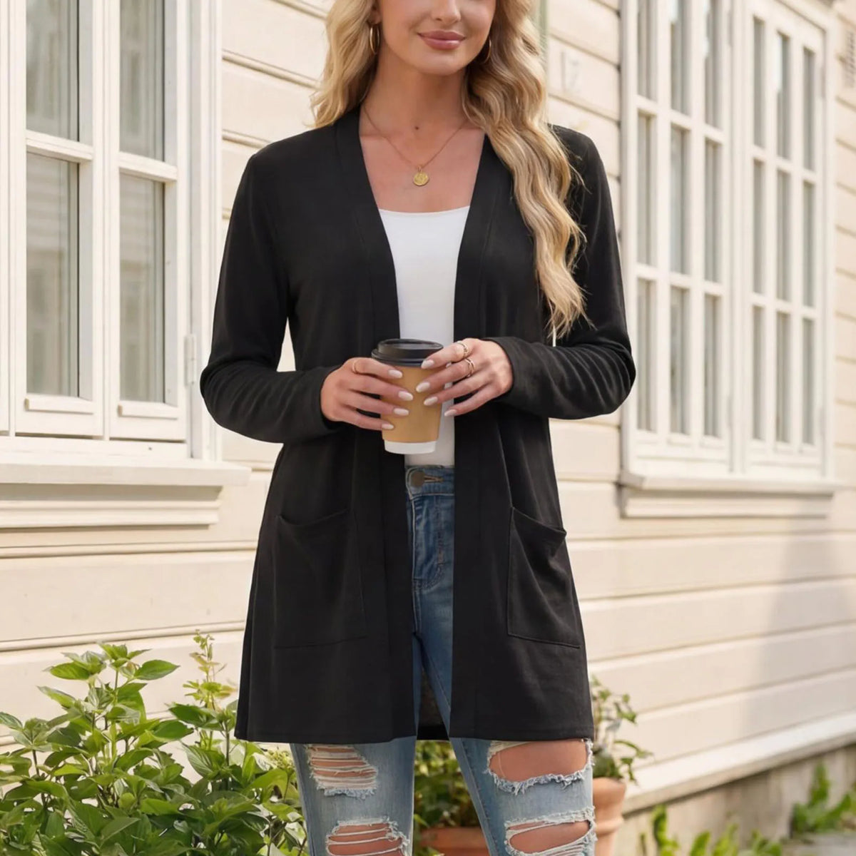 Cardigan Vivian™ with Open Front, Patch Pockets and Long Sleeves