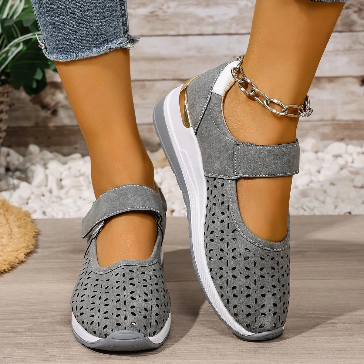 Calina™ Sneakers with Perforated Upper, Adjustable Velcro Strap and Elevated Sole