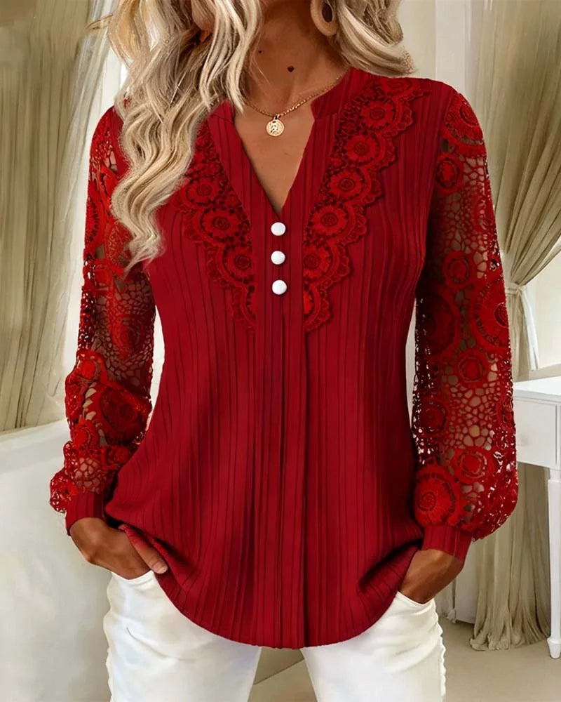 Ariana™ Blouse with Openwork Lace Sleeves, V-Neck and Pleated Texture / Elegance That Flatters the Figure Without Weighing Down the Look