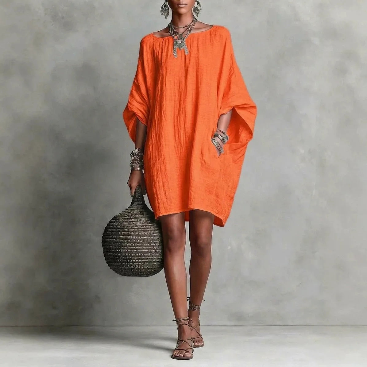 Lydia™ Cotton-Linen Dress with a Relaxed Fit and Round Neckline