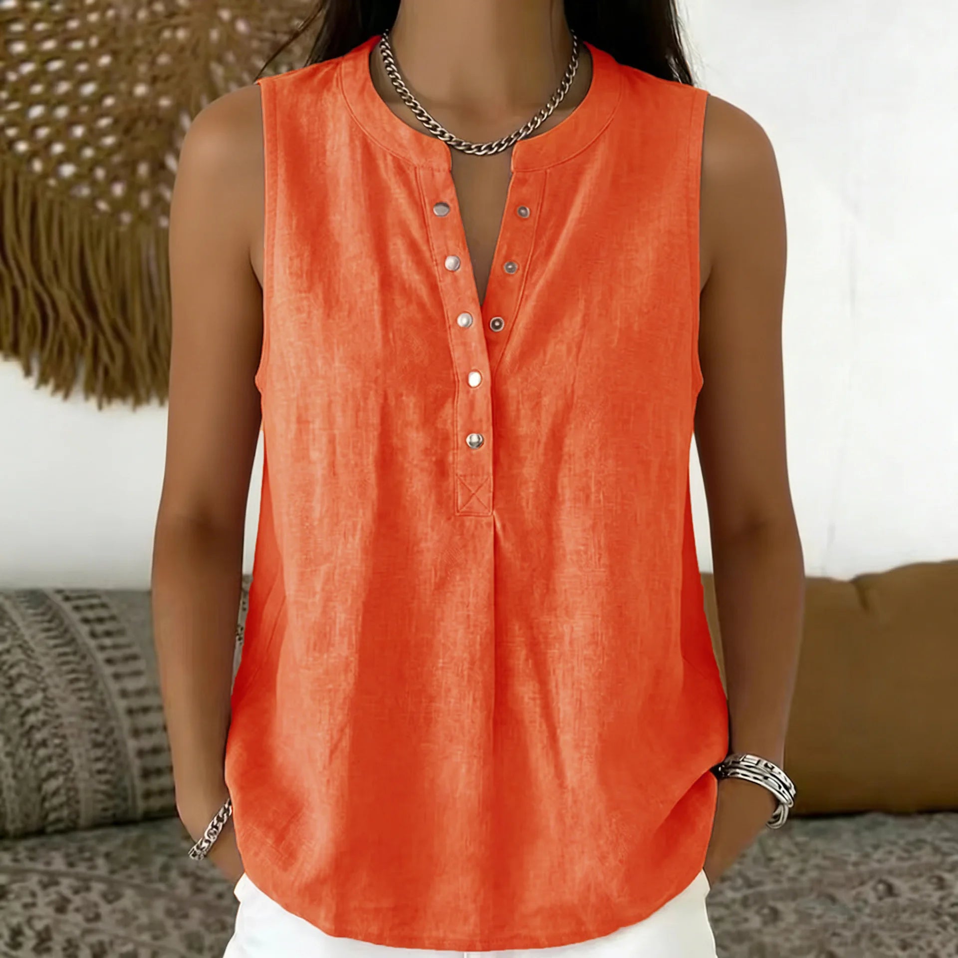 Blouse Emily™ with Round Neckline, Button-Front Detail and Sleeveless Cut