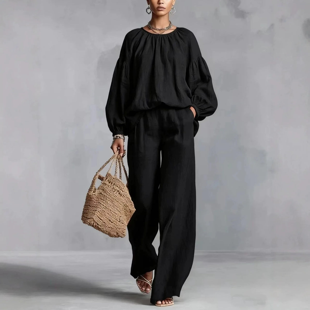 Valdora™ Two-Piece Set with Puff Sleeve Blouse and Wide-Leg Pants
