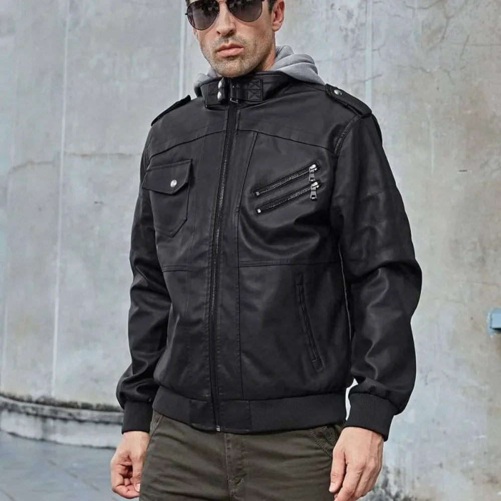 WolfRider™ Jacket in Premium Leather with Removable Hood and Strategic Pockets / The Style of a Man Who Owns the Cold!