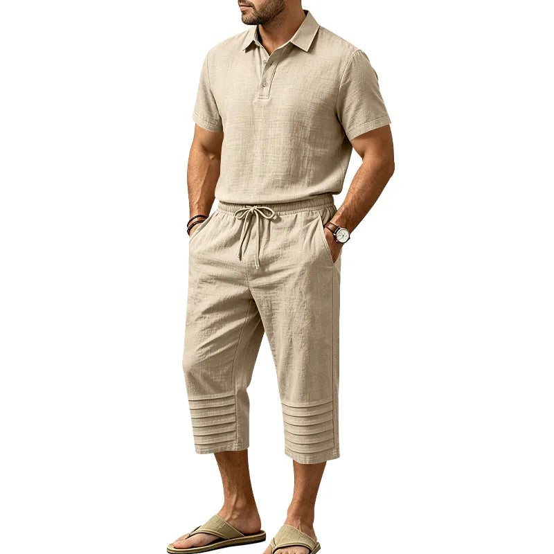 Set Owen™ Cotton Linen with Button-Front Polo Shirt and Adjustable Drawstring Waist Shorts