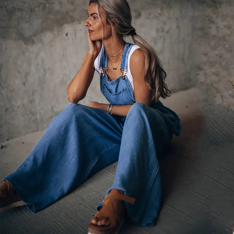 Belmira™ Denim Jumpsuit with Wide-Leg Fit and Charming Buckle Straps